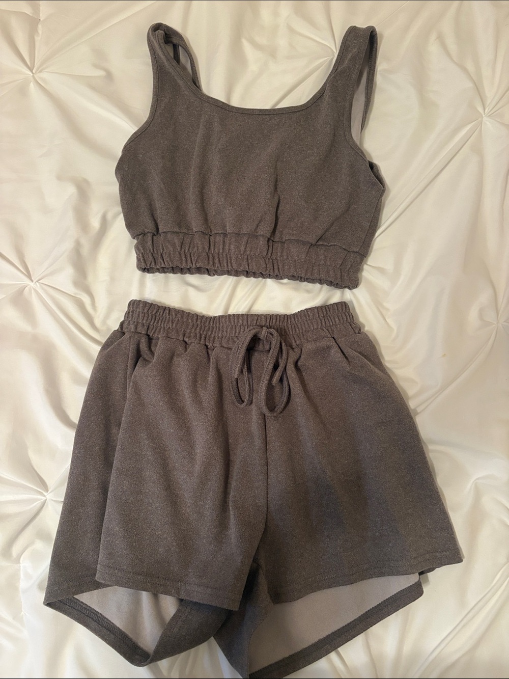 Brown Women's Drawstring Lounge Shorts and Tank Set - Dark Grey